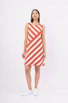 Peraluna-Paula Dress Diagonal Çizgili A Form Kolsuz İnce Kadın Triko Elbise Kırmızı/Beyaz-Elbise-1-Milagron.com