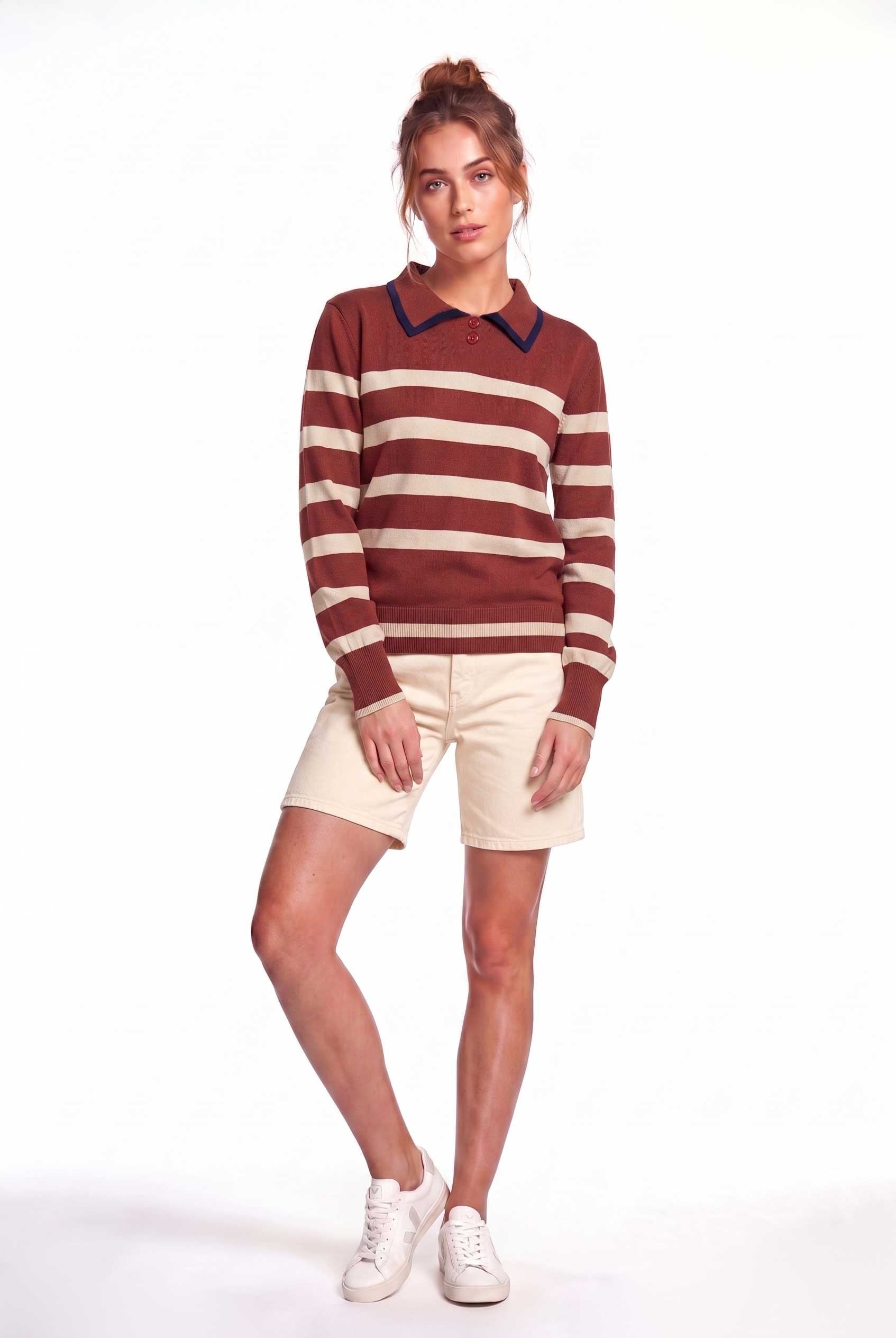 Peraluna Amanda Kazak, Çizgili, Polo Yaka, Kadın Mevsimlik Kazak - Kızıl Kahve