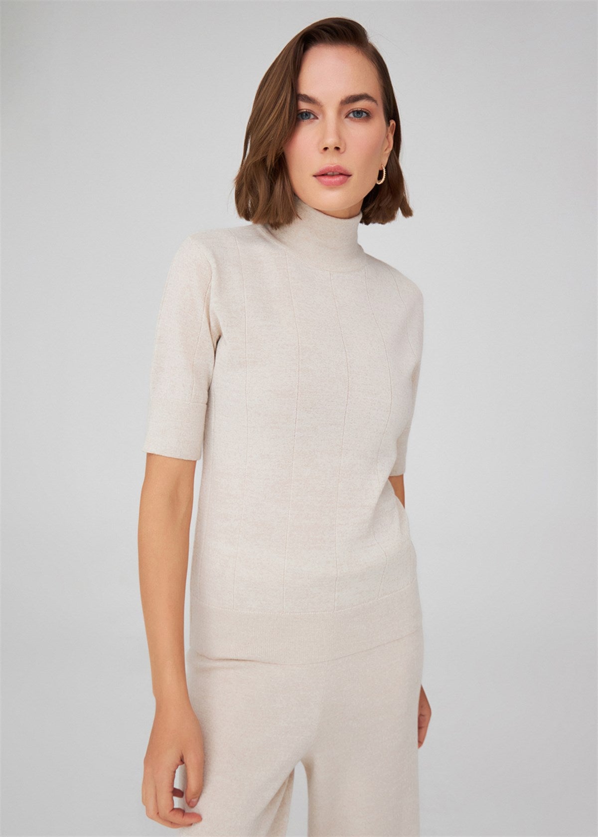 Peraluna Betty Blouse Balıkçı Yaka Kısa Kollu İNce Basic Kadın Triko Bluz - Ekru Melanj