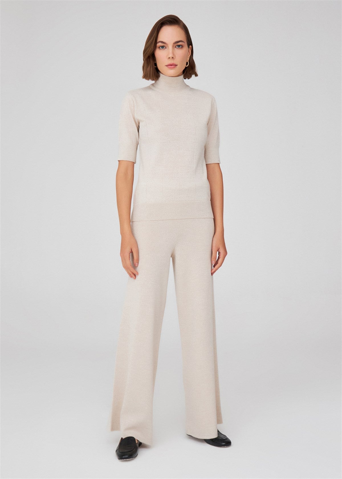 Peraluna Betty Blouse Balıkçı Yaka Kısa Kollu İNce Basic Kadın Triko Bluz - Ekru Melanj