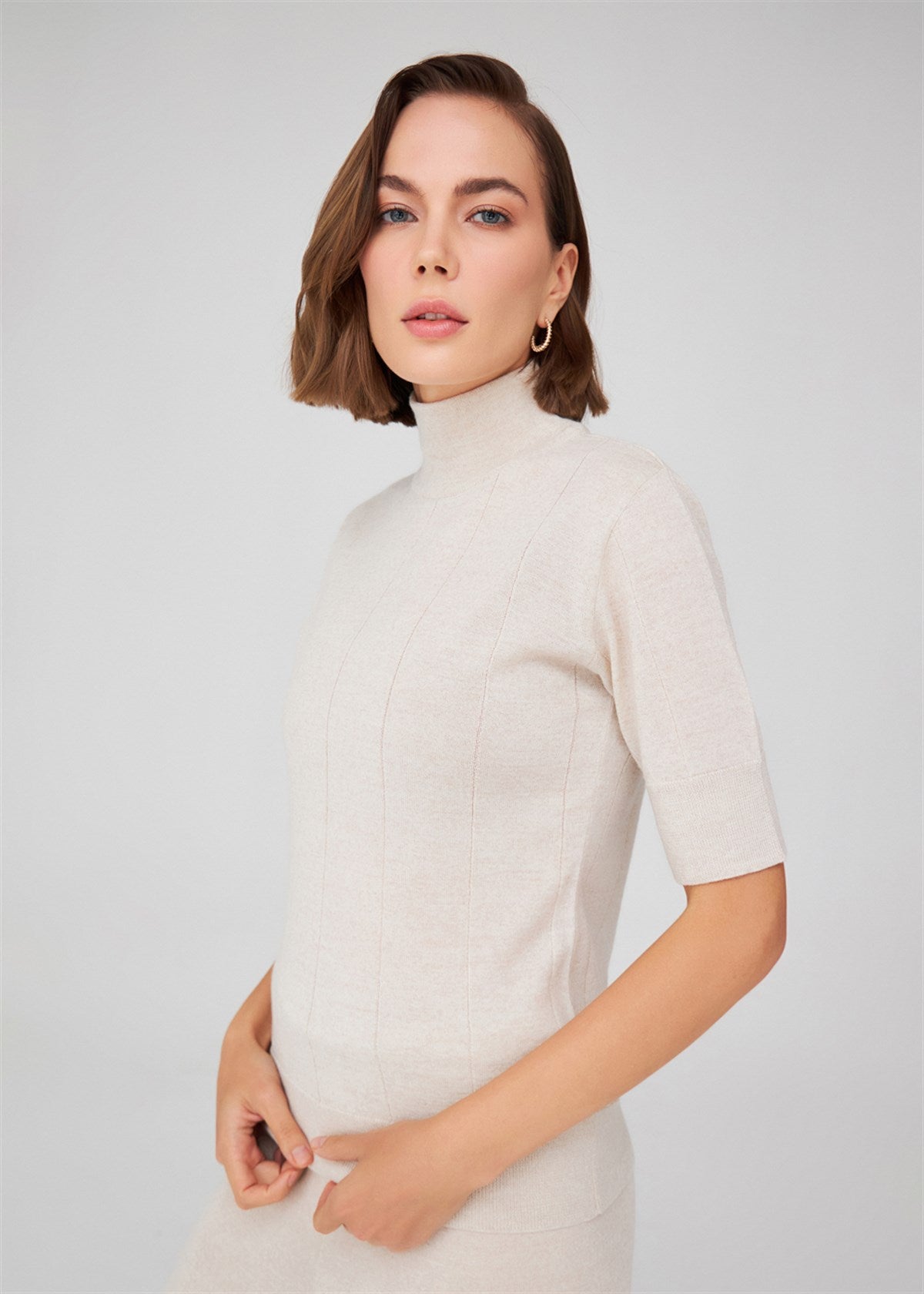 Peraluna Betty Blouse Balıkçı Yaka Kısa Kollu İNce Basic Kadın Triko Bluz - Ekru Melanj
