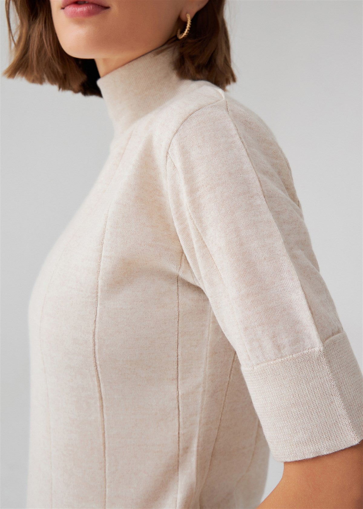 Peraluna Betty Blouse Balıkçı Yaka Kısa Kollu İNce Basic Kadın Triko Bluz - Ekru Melanj
