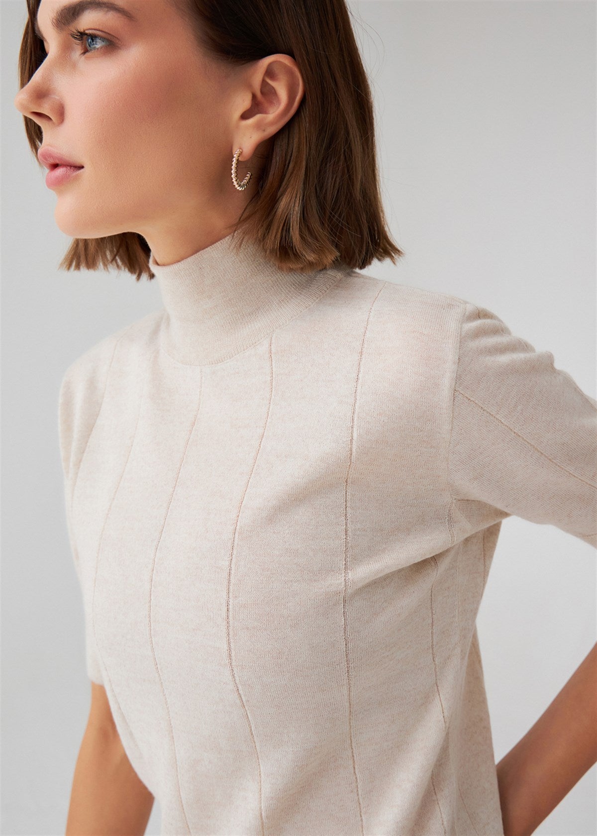 Peraluna Betty Blouse Balıkçı Yaka Kısa Kollu İNce Basic Kadın Triko Bluz - Ekru Melanj
