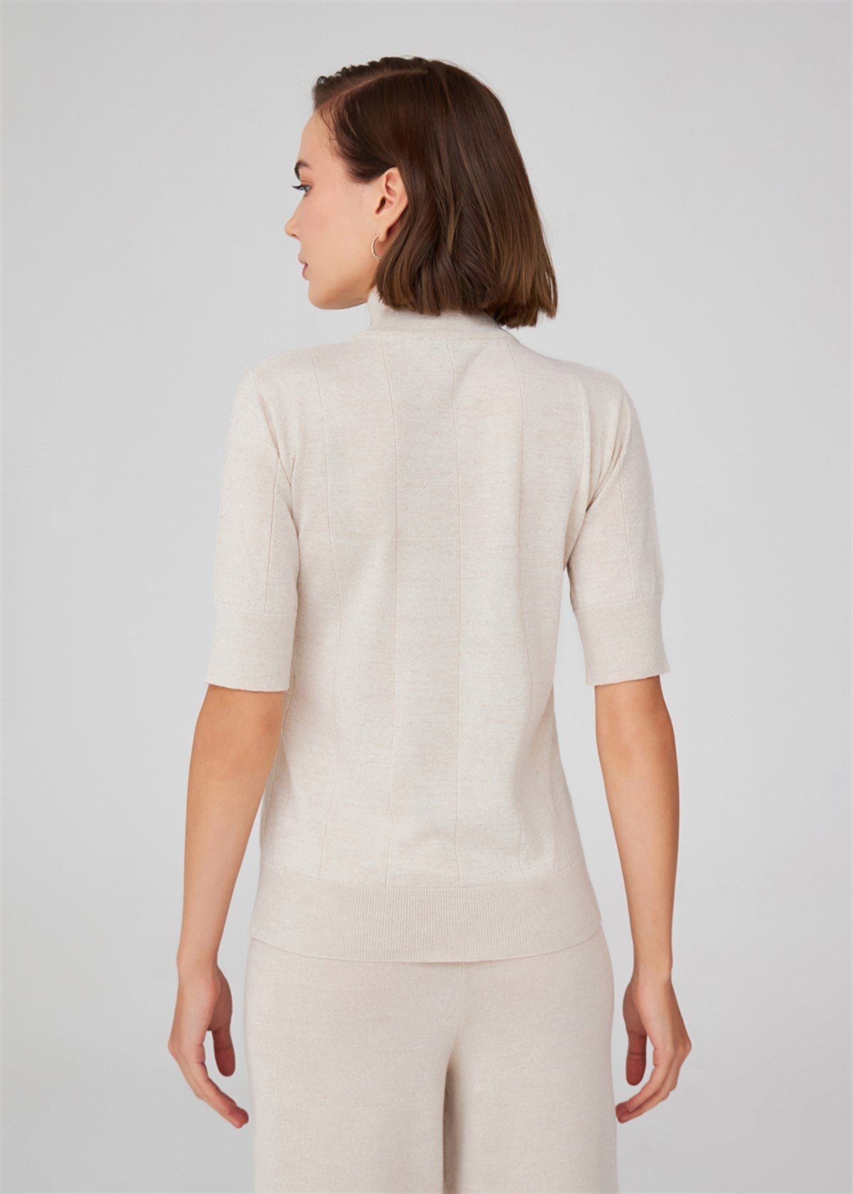 Peraluna Betty Blouse Balıkçı Yaka Kısa Kollu İNce Basic Kadın Triko Bluz - Ekru Melanj