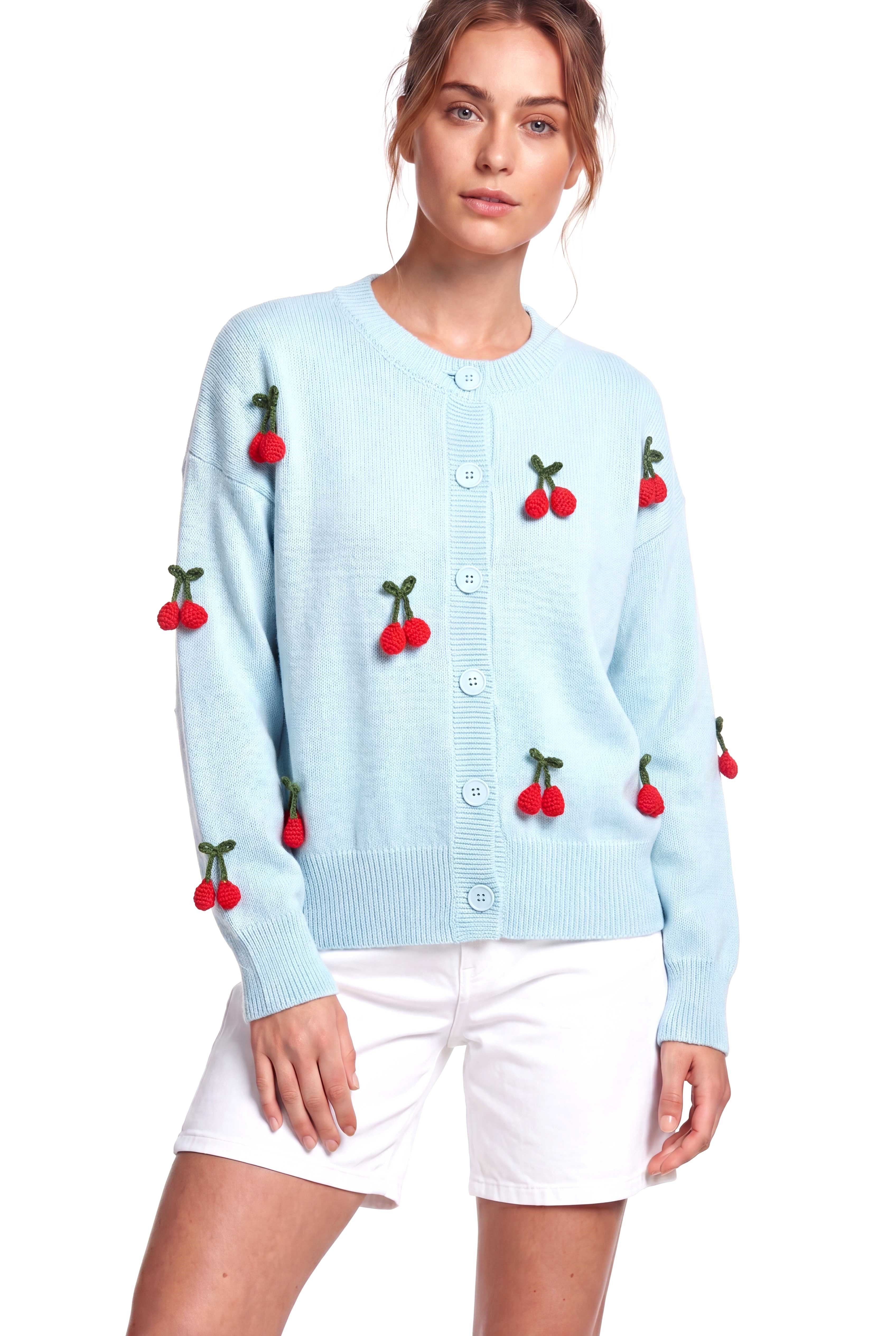 Peraluna Cherry Cardigan Organik Pamuk Kadın Hırka - Açık Mavi