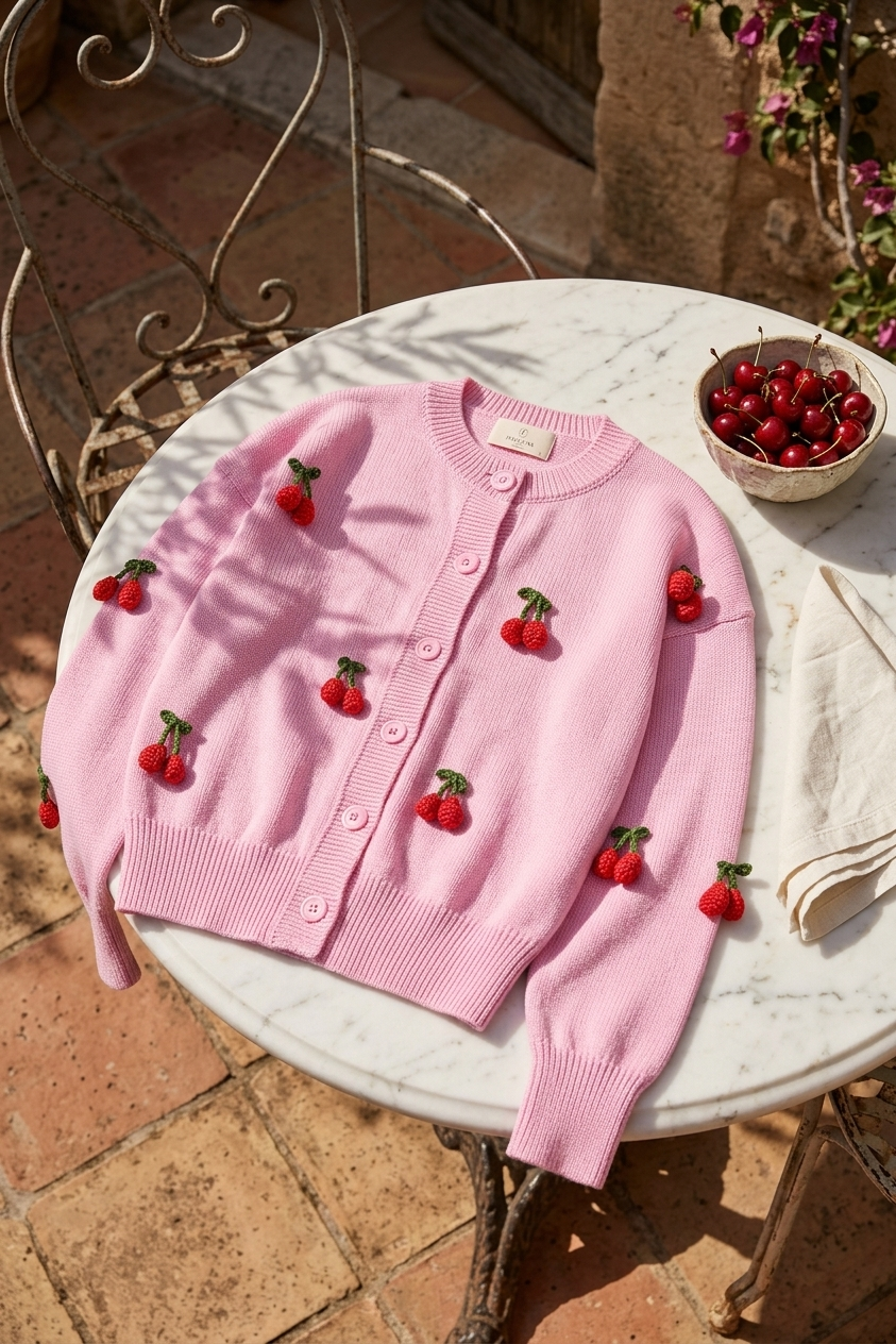 Peraluna Cherry Cardigan Organik Pamuk Kadın Hırka - Pembe