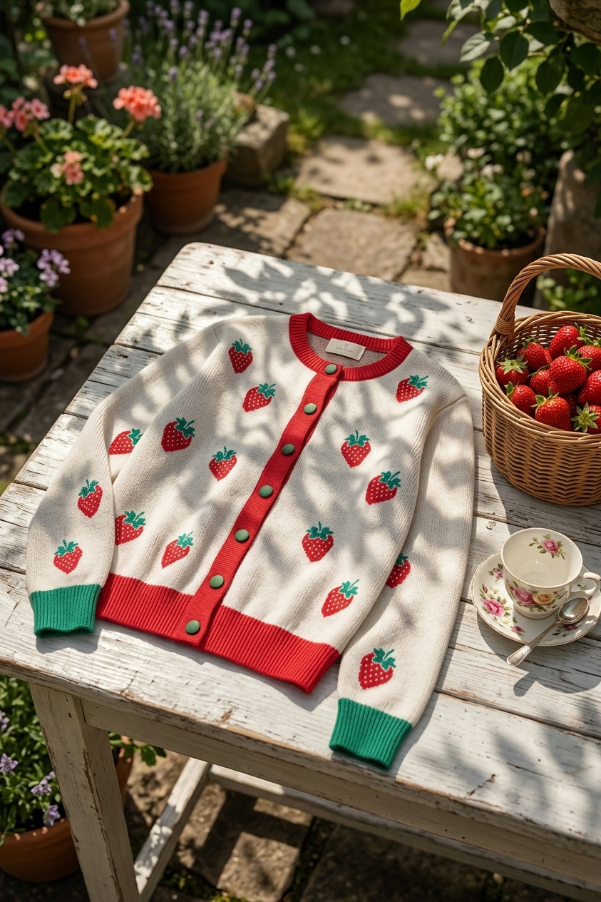 Peraluna Strawberry Hırka, Kadın Triko Hırka - Ekru Multi