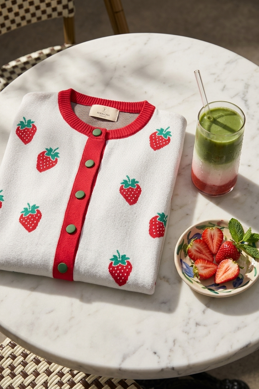 Peraluna Strawberry Hırka, Kadın Triko Hırka - Ekru Multi