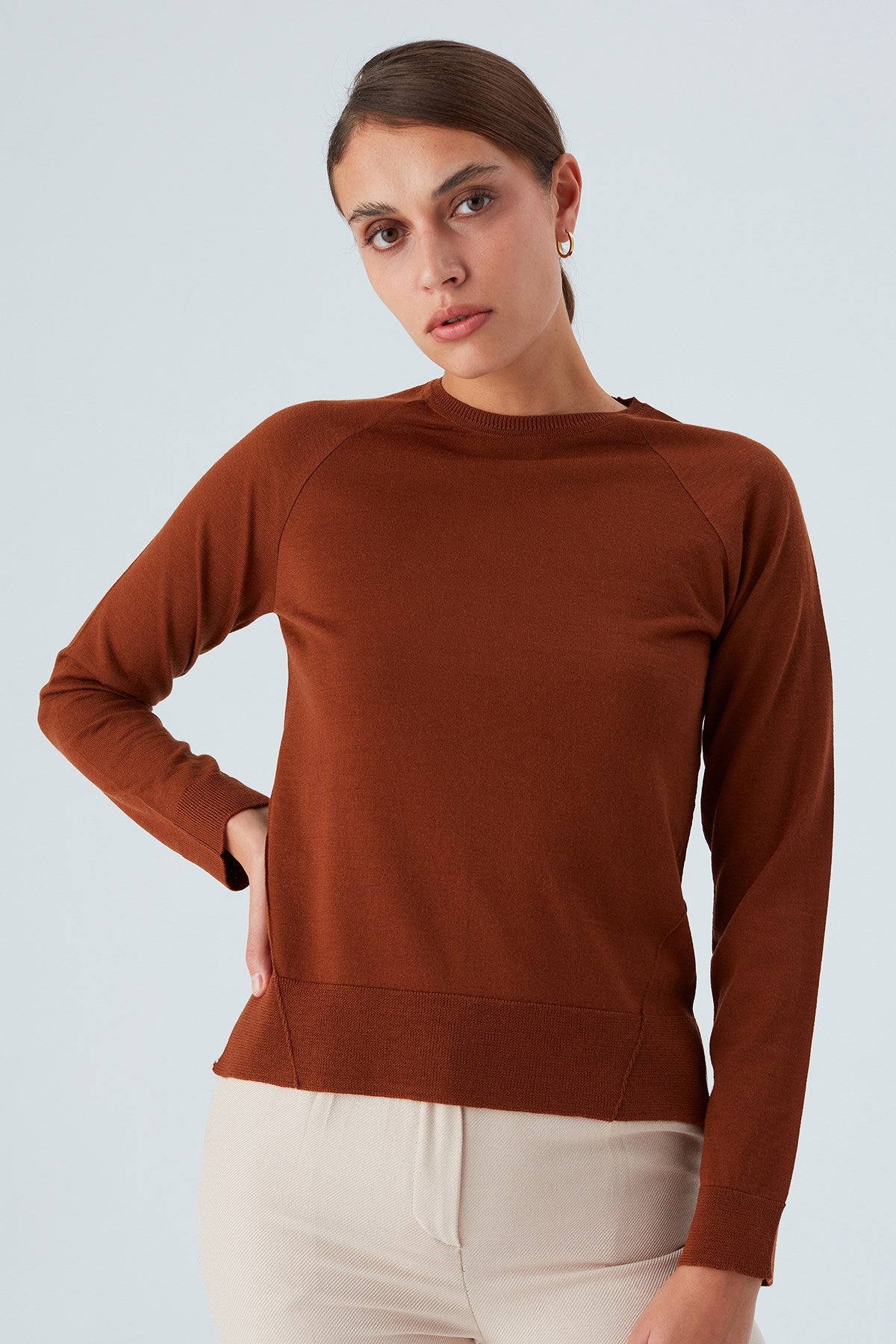 Peraluna Vanessa Pullover Merino Yünlü Yanları Yırtmaçlı Ince Kadın Triko Kazak - Kahve
