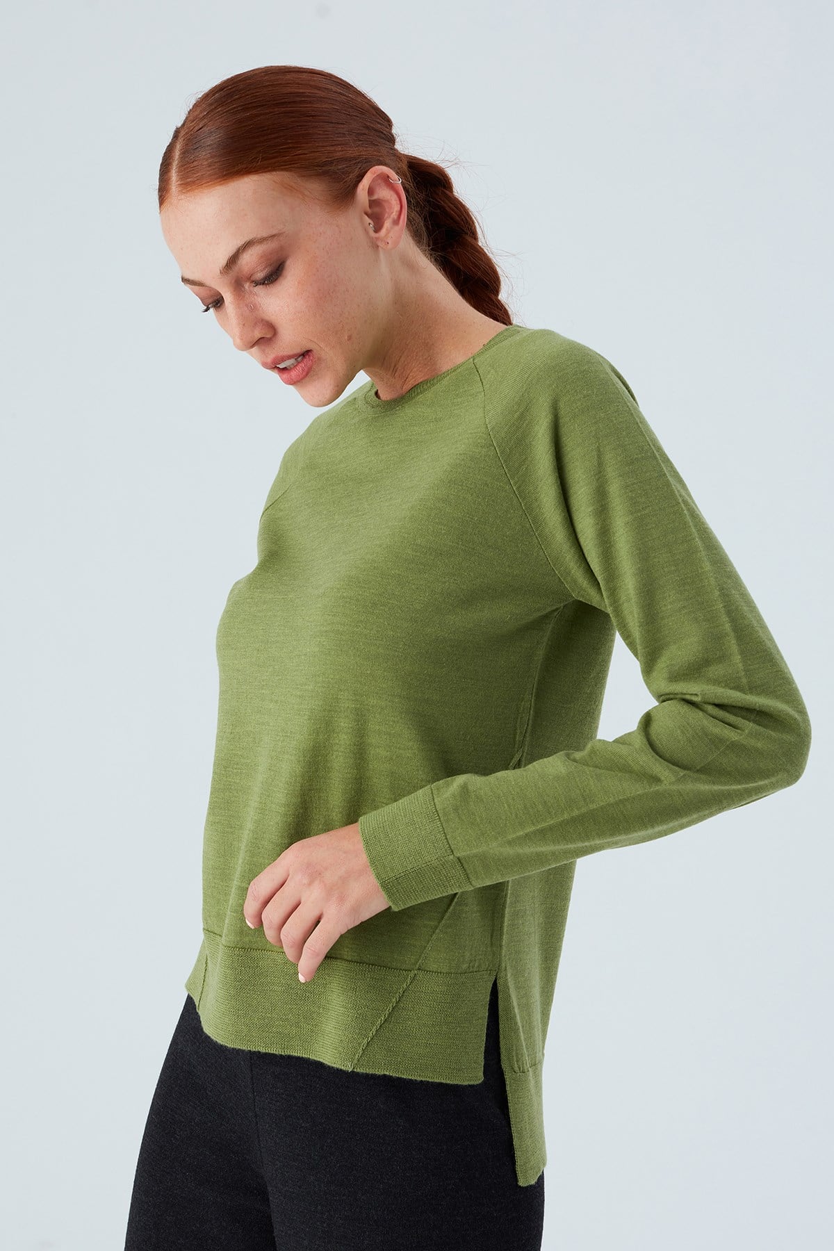 Peraluna Vanessa Pullover Merino Yünlü Yanları Yırtmaçlı Ince Kadın Triko Kazak - Yeşil