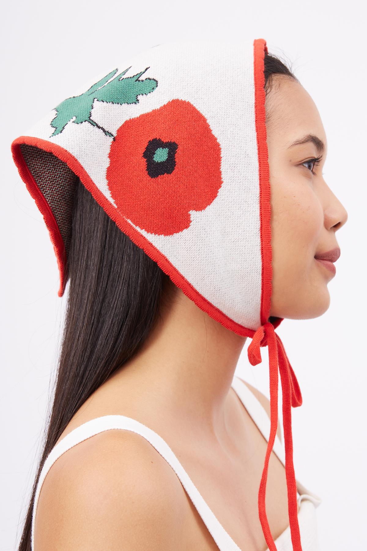 Peraluna Poppy Scarf Gelincik Desen Organik Pamuk Triko Bandana - Ekru