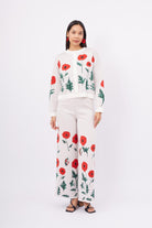 Peraluna-Poppy Trouser Gelincik Desen Yüksek Bel Rahat Kesim Beli Lastikli Kadın Triko Pantolon Ekru-Pantolon-1-Milagron.com