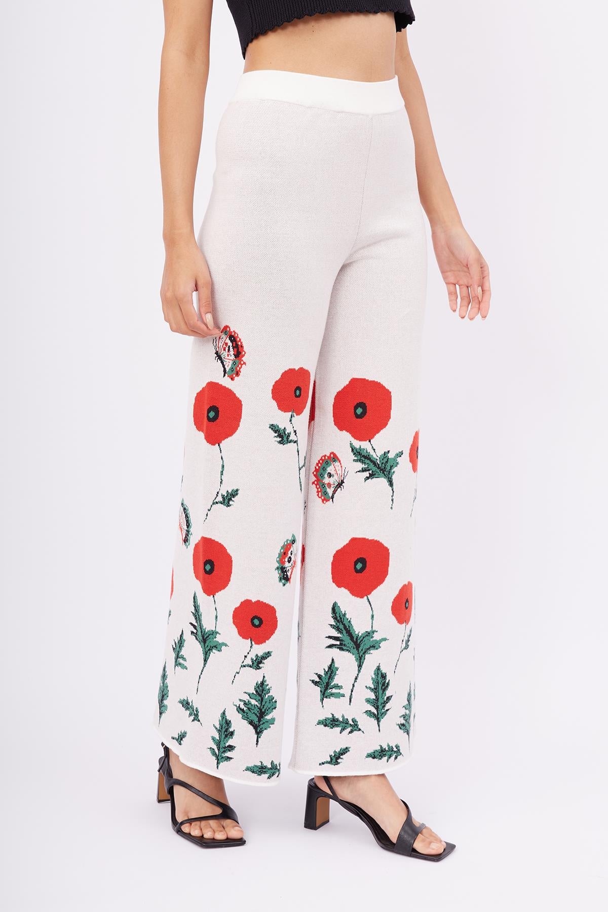 Peraluna-Poppy Trouser Gelincik Desen Yüksek Bel Rahat Kesim Beli Lastikli Kadın Triko Pantolon Ekru-Pantolon-4-Milagron.com
