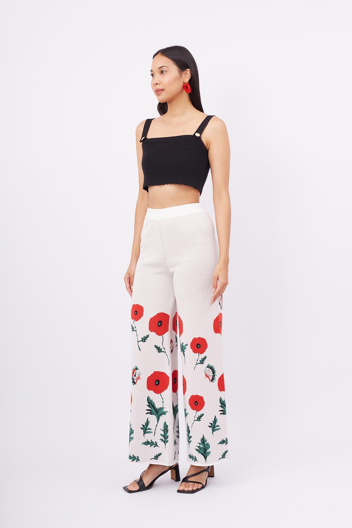 Peraluna-Poppy Trouser Gelincik Desen Yüksek Bel Rahat Kesim Beli Lastikli Kadın Triko Pantolon Ekru-Pantolon-7-Milagron.com