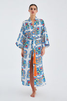 Peraluna Ria KiMono Çini Desenli 127 Cm Püskül Kemer Detaylı Saten Kadın Kimono - Çok Renkli