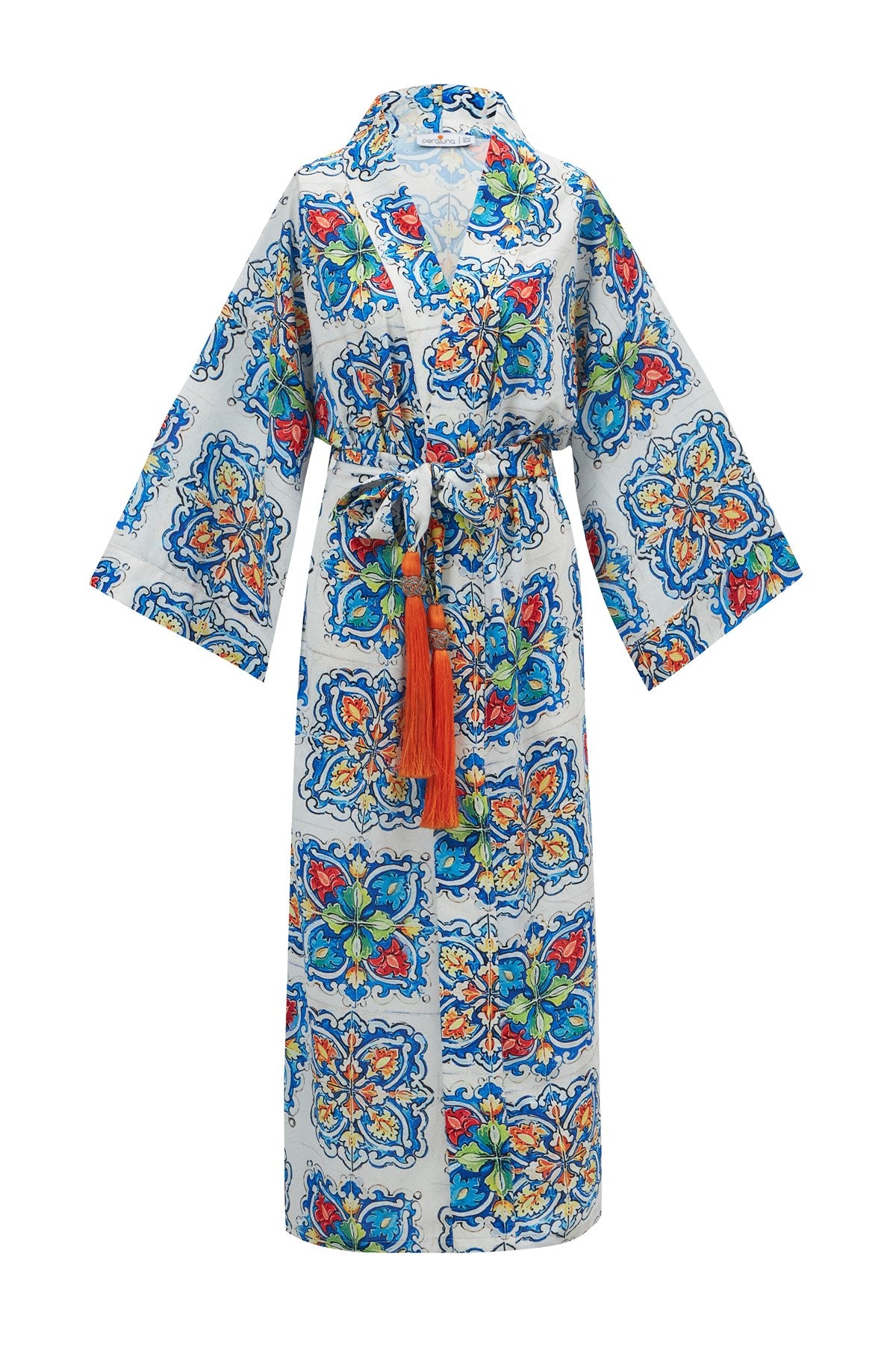 Peraluna Ria KiMono Çini Desenli 127 Cm Püskül Kemer Detaylı Saten Kadın Kimono - Çok Renkli