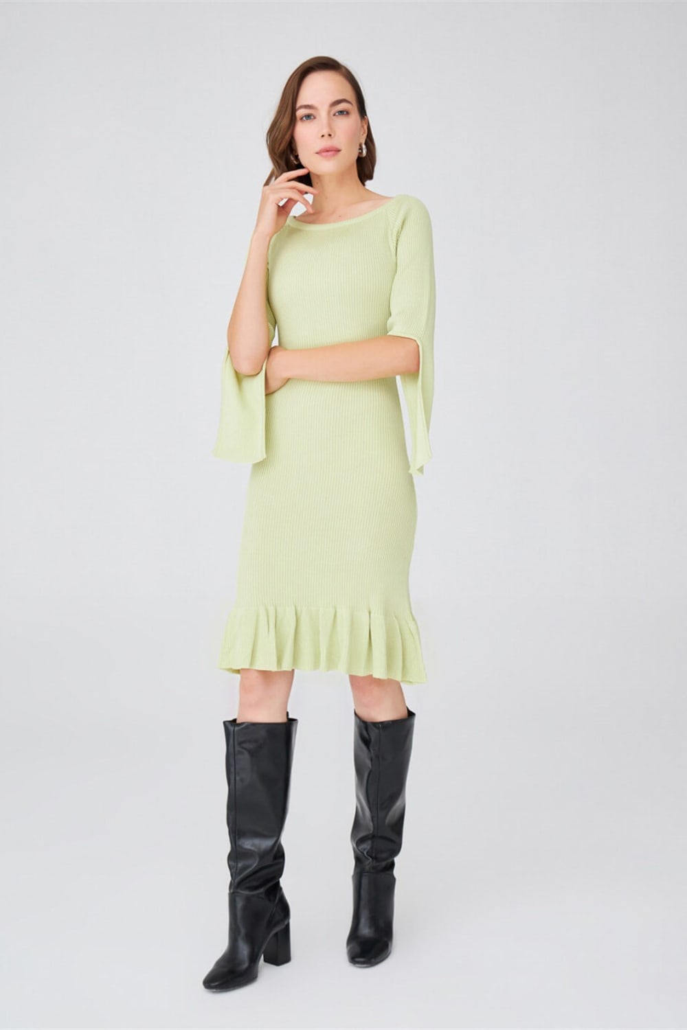 Peraluna-Ribanalı Diz Boyu Abiye Kadın Triko Elbise -Elbise-11-Milagron.com