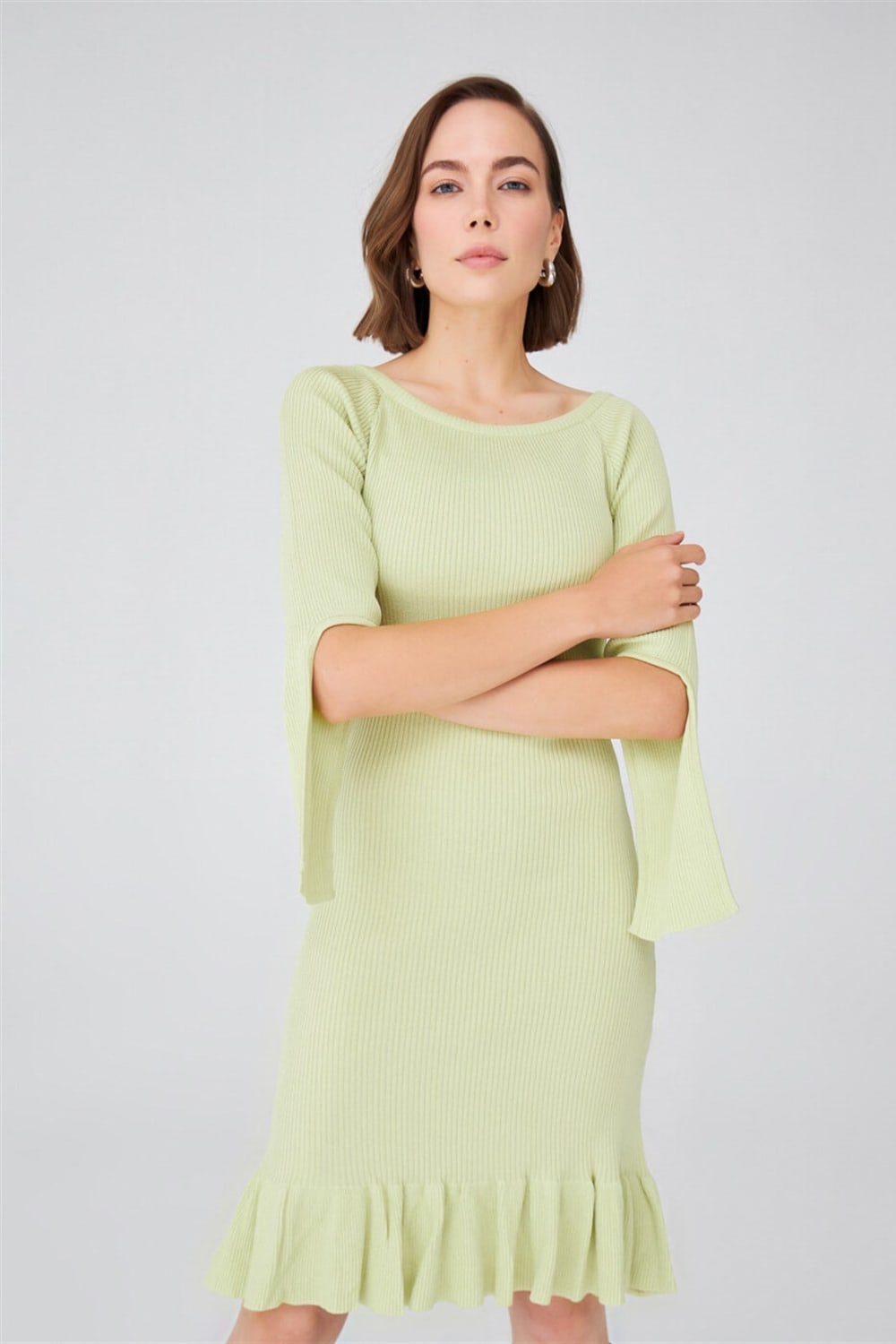 Peraluna-Ribanalı Diz Boyu Abiye Kadın Triko Elbise -Elbise-12-Milagron.com