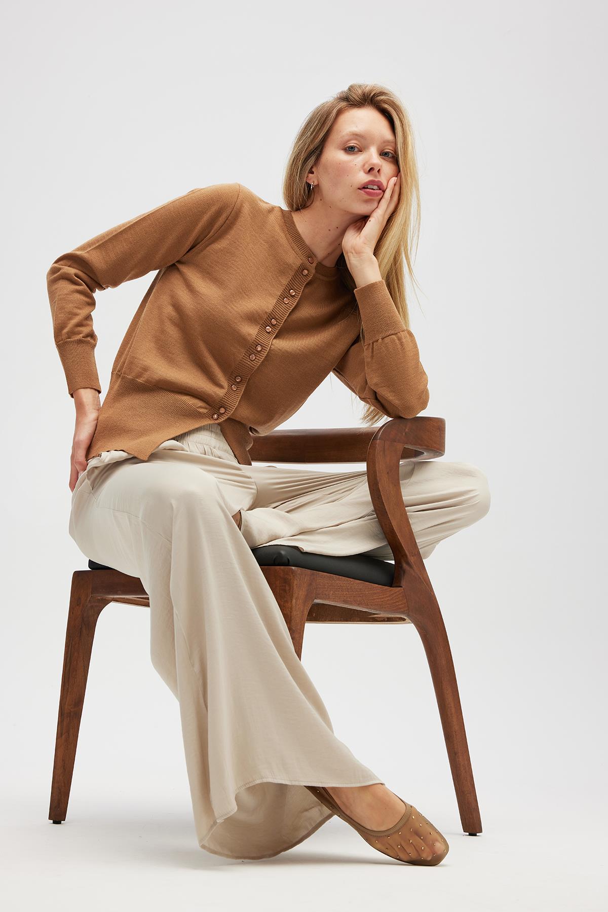 Peraluna-Ripley çelik örgü, Düğmeli Kadın Triko Hırka Camel-Hırka-3-Milagron.com