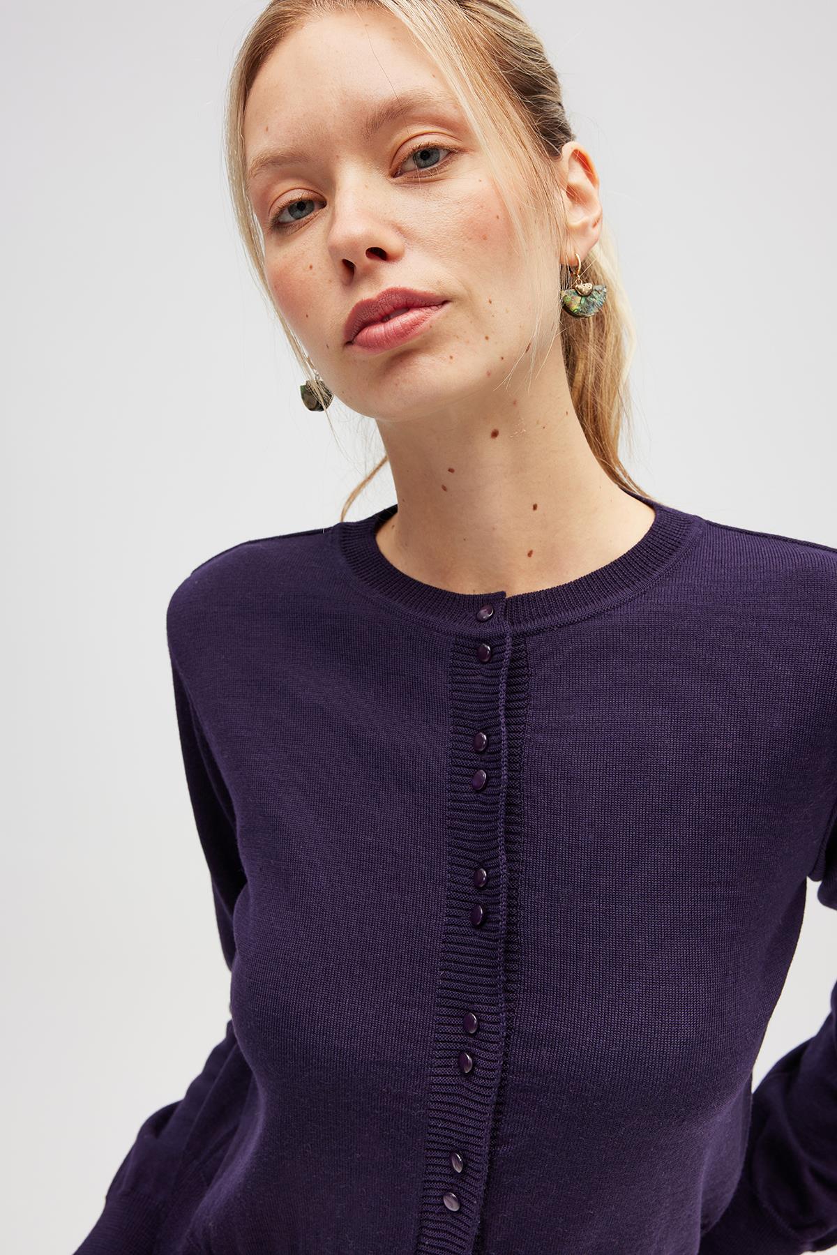 Peraluna-Ripley çelik örgü, Düğmeli Kadın Triko Hırka Koyu Mor-Hırka-6-Milagron.com