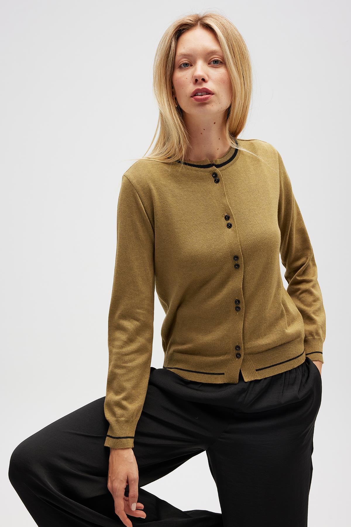 Peraluna-Risa Düz örgü, Kadın Triko Hırka Zeytin Yeşili-Hırka-2-Milagron.com