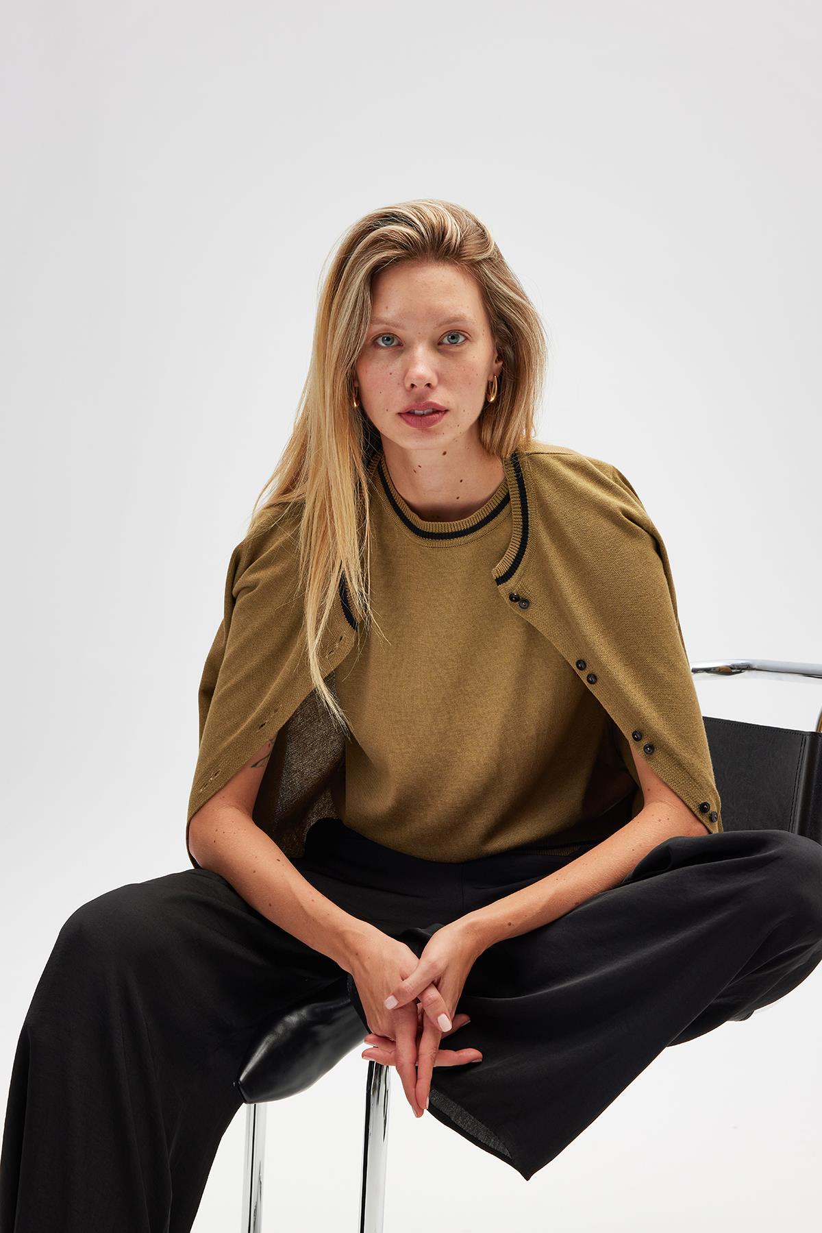 Peraluna-Risa Düz örgü, Kadın Triko Hırka Zeytin Yeşili-Hırka-4-Milagron.com