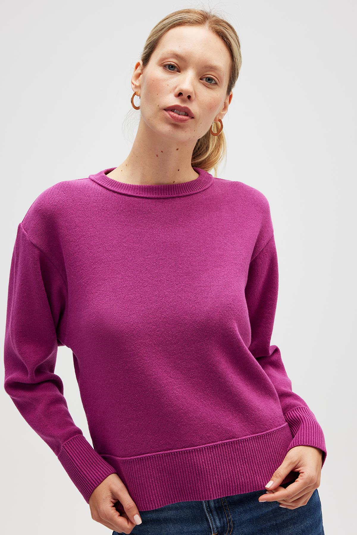 Peraluna-Risu, Düz örgü Kadın Mevsimlik Triko Bisiklet Yaka Kazak Fuşya-Kazak-2-Milagron.com