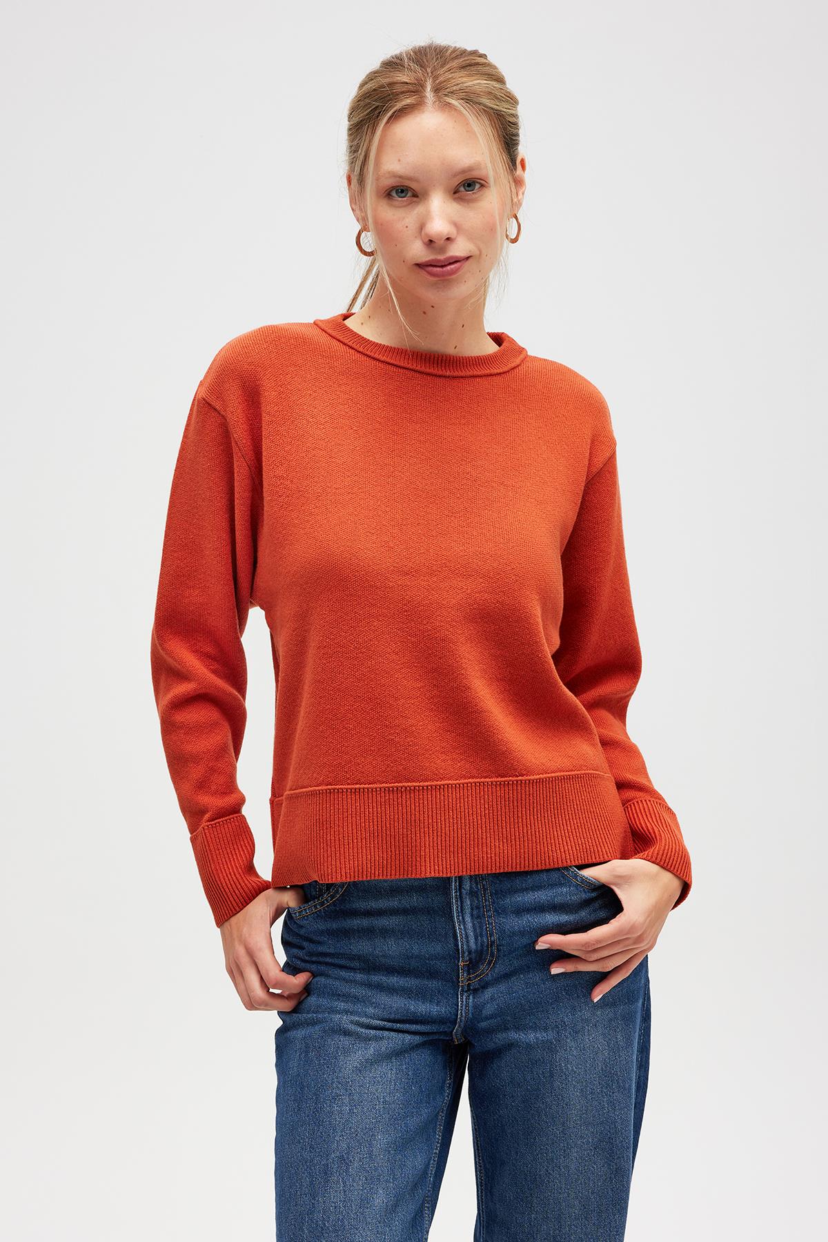 Peraluna-Risu, Düz örgü Kadın Mevsimlik Triko Bisiklet Yaka Kazak Turuncu-Kazak-1-Milagron.com