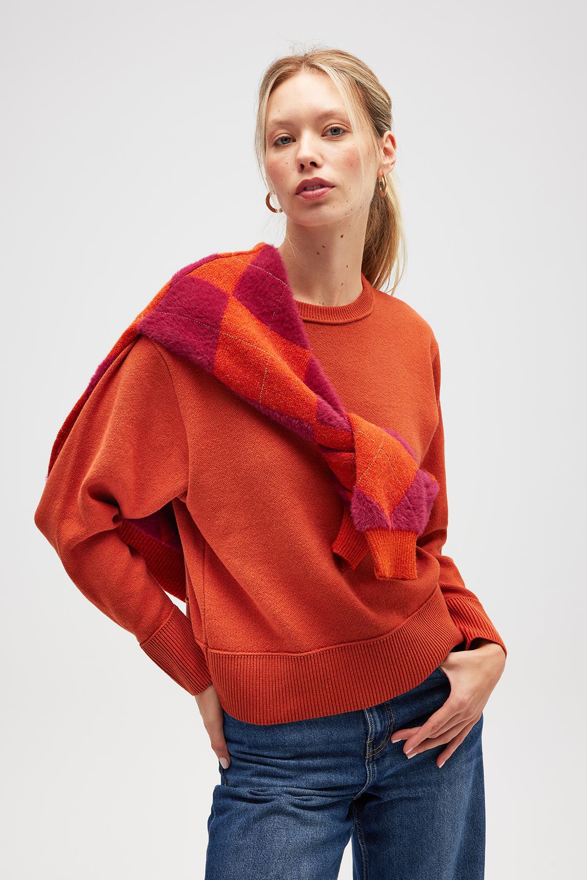 Peraluna-Risu, Düz örgü Kadın Mevsimlik Triko Bisiklet Yaka Kazak Turuncu-Kazak-5-Milagron.com