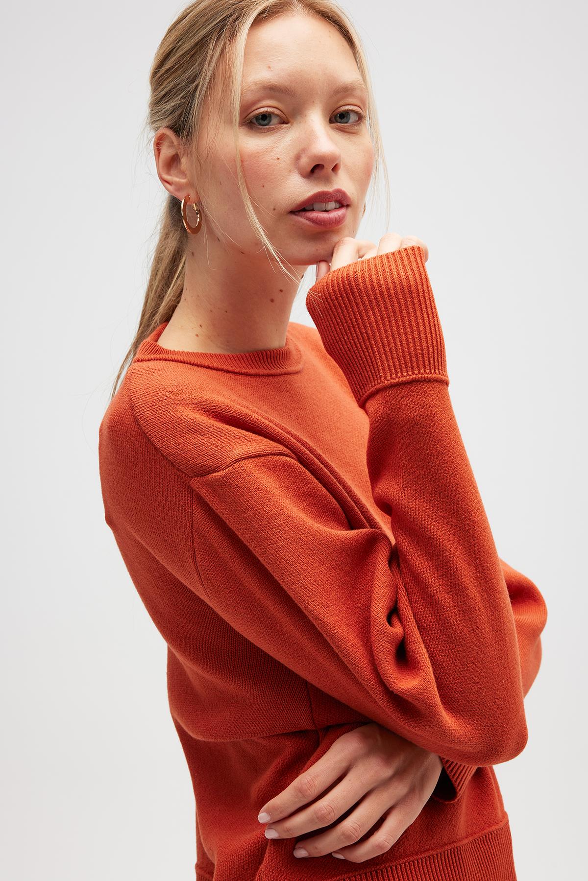 Peraluna-Risu, Düz örgü Kadın Mevsimlik Triko Bisiklet Yaka Kazak Turuncu-Kazak-6-Milagron.com