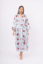 Peraluna-Rosemarry Long Kimono Gül Desen Baskılı 125 Cm Uzun Saten Kadın Kimono Turkuaz-Kimono-1-Milagron.com