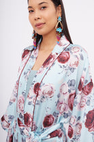 Peraluna-Rosemarry Long Kimono Gül Desen Baskılı 125 Cm Uzun Saten Kadın Kimono Turkuaz-Kimono-3-Milagron.com