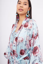 Peraluna-Rosemarry Long Kimono Gül Desen Baskılı 125 Cm Uzun Saten Kadın Kimono Turkuaz-Kimono-4-Milagron.com