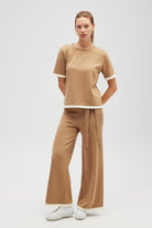 Peraluna-Rumi Kadın Beli Kemerli Triko Pantolon Camel-Pantolon-1-Milagron.com