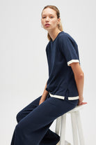 Peraluna-Rumi Kadın Beli Kemerli Triko Pantolon Navy-Pantolon-2-Milagron.com