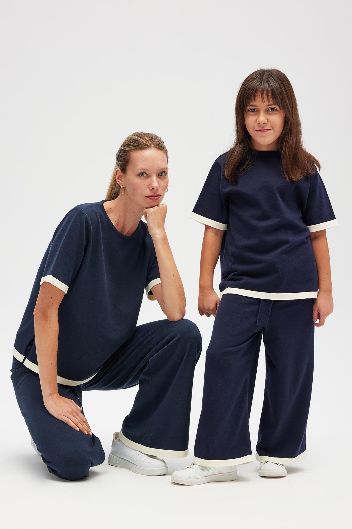 Peraluna-Rumi Kadın Beli Kemerli Triko Pantolon Navy-Pantolon-6-Milagron.com