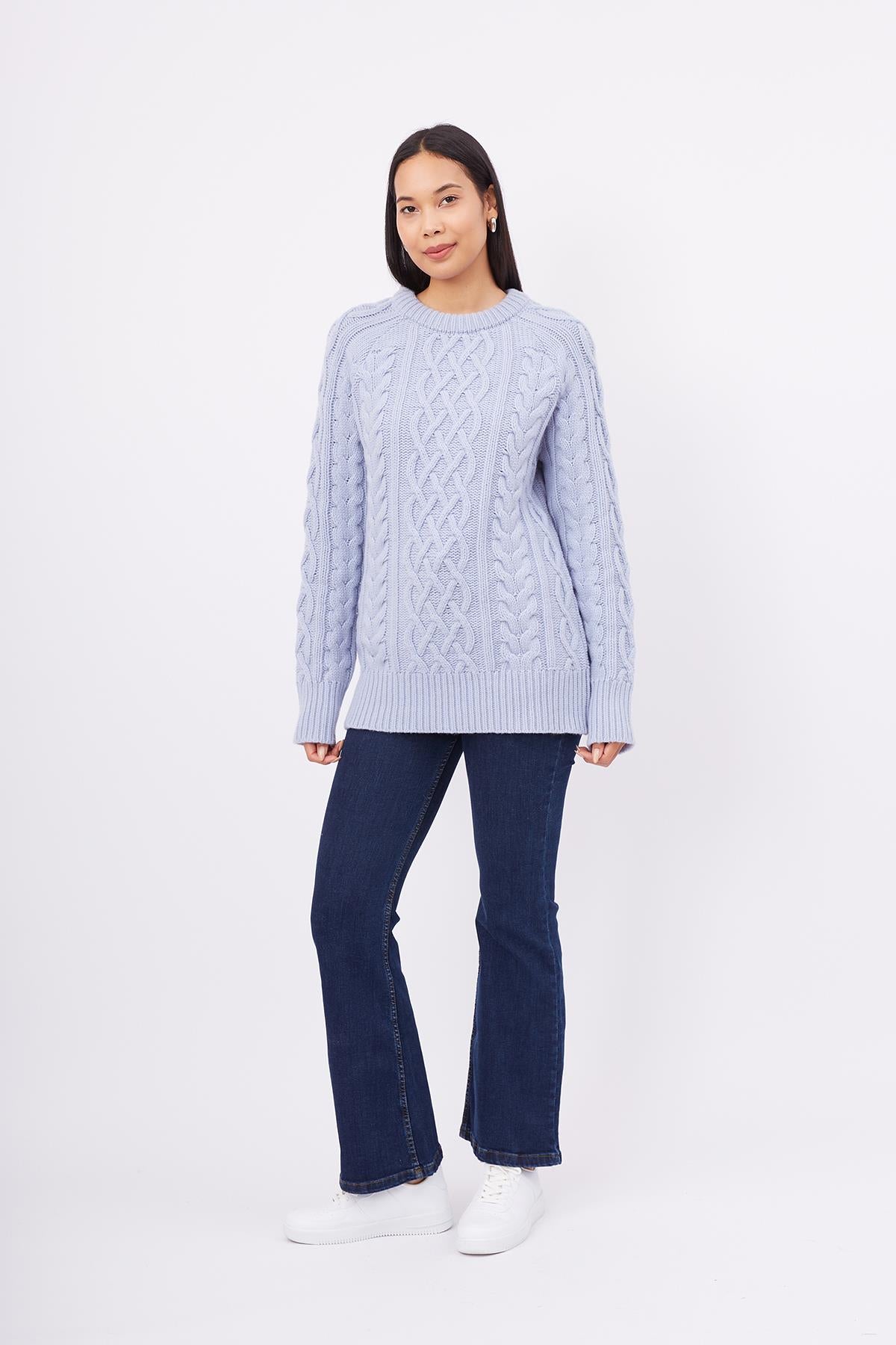 Peraluna-Saç Örgülü Bisiklet Yaka Unisex Triko Kazak Açık Mavi-Kazak & Triko-1-Milagron.com