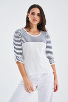 Peraluna-Sailor Pullover 3/4 Kol Çizgili Yazlık Kadın Triko Kazak Beyaz/İndigo Melanj-Kazak & Triko-2-Milagron.com