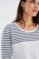 Peraluna-Sailor Pullover 3/4 Kol Çizgili Yazlık Kadın Triko Kazak Beyaz/İndigo Melanj-Kazak & Triko-3-Milagron.com