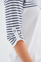 Peraluna-Sailor Pullover 3/4 Kol Çizgili Yazlık Kadın Triko Kazak Beyaz/İndigo Melanj-Kazak & Triko-4-Milagron.com