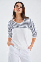 Peraluna-Sailor Pullover 3/4 Kol Çizgili Yazlık Kadın Triko Kazak Beyaz/İndigo Melanj-Kazak & Triko-5-Milagron.com