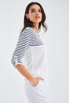 Peraluna-Sailor Pullover 3/4 Kol Çizgili Yazlık Kadın Triko Kazak Beyaz/İndigo Melanj-Kazak & Triko-6-Milagron.com