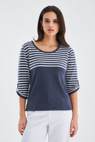 Peraluna-Sailor Pullover 3/4 Kol Çizgili Yazlık Kadın Triko Kazak İndigo Melanj/Beyaz-Kazak & Triko-2-Milagron.com