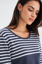 Peraluna-Sailor Pullover 3/4 Kol Çizgili Yazlık Kadın Triko Kazak İndigo Melanj/Beyaz-Kazak & Triko-3-Milagron.com