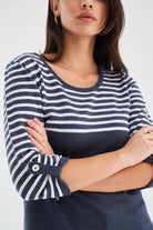 Peraluna-Sailor Pullover 3/4 Kol Çizgili Yazlık Kadın Triko Kazak İndigo Melanj/Beyaz-Kazak & Triko-4-Milagron.com