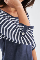 Peraluna-Sailor Pullover 3/4 Kol Çizgili Yazlık Kadın Triko Kazak İndigo Melanj/Beyaz-Kazak & Triko-5-Milagron.com