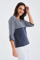 Peraluna-Sailor Pullover 3/4 Kol Çizgili Yazlık Kadın Triko Kazak İndigo Melanj/Beyaz-Kazak & Triko-6-Milagron.com