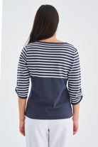 Peraluna-Sailor Pullover 3/4 Kol Çizgili Yazlık Kadın Triko Kazak İndigo Melanj/Beyaz-Kazak & Triko-7-Milagron.com