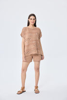 Peraluna-Sarah Ajurlu Kadın Yazlık Triko Bluz Sütlü Kahve Mix-Bluz-1-Milagron.com