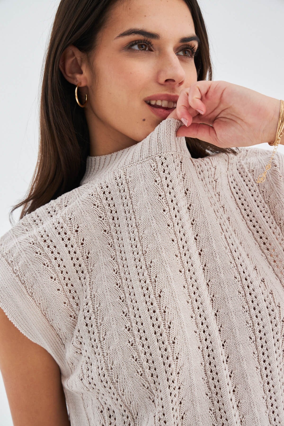 Peraluna SiMa Blouse Ajur Detaylı Düşük Kollu Yazlık Kadın Triko Bluz - Bej